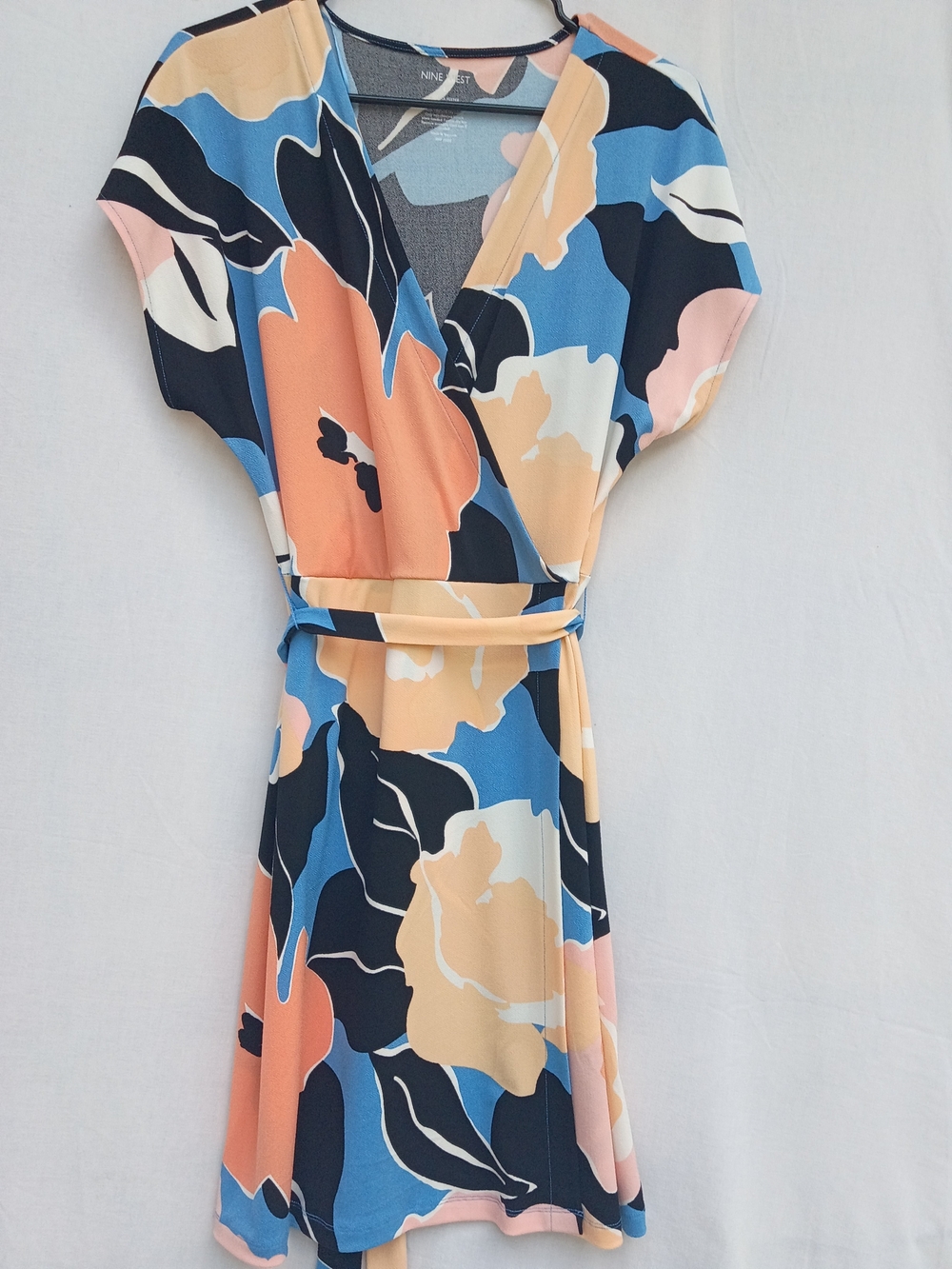 Nine West Blue, Peach & Cream Floral Wrap Midi Dress